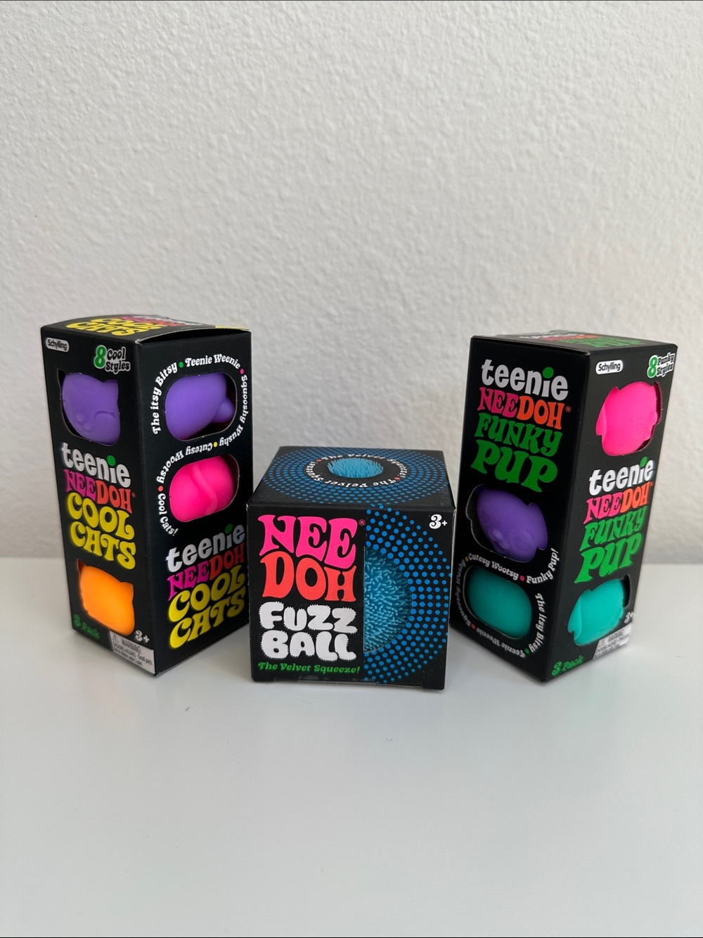 Teenie NEEDOH Blue Fuzz Ball & Funky Pup & Cool Cats Squishies, Sensory Fidgets